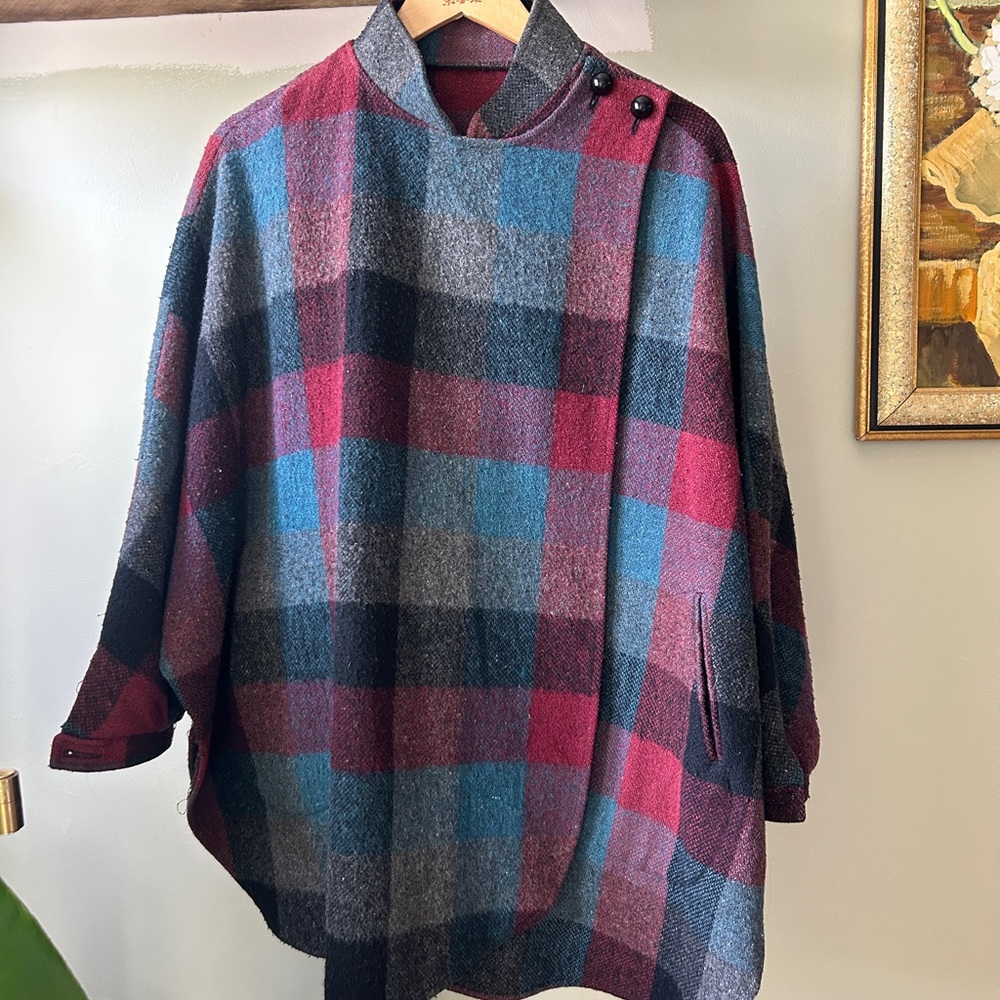 Plaid Wool Blend Batwing Cape Coat